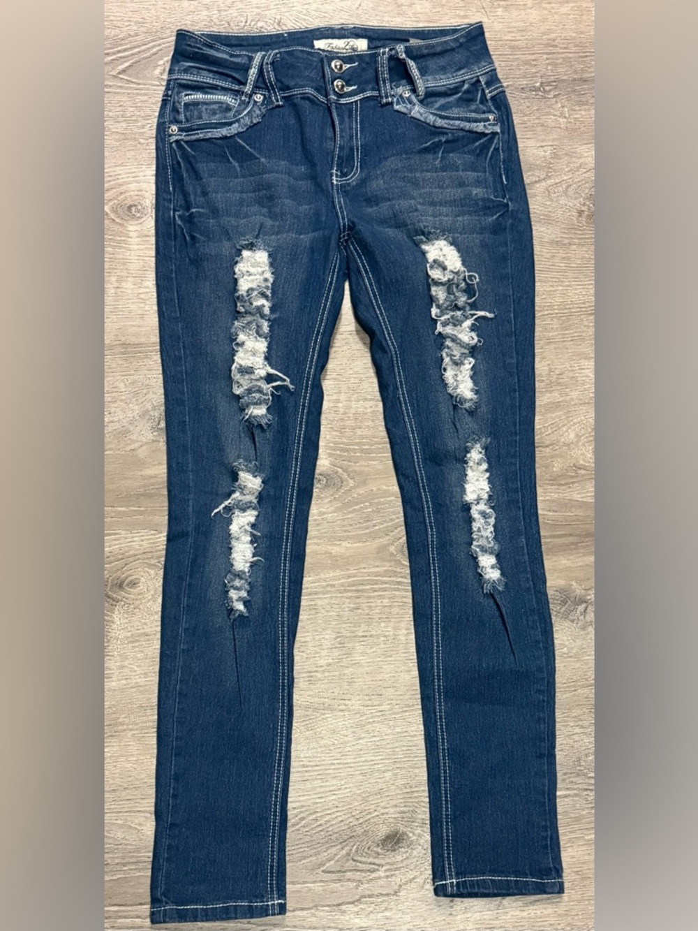 Fashion 2 Love Distressed Skinny Jeans | Blue Destroyed Denim | Size 7 - Picture 2 of 8